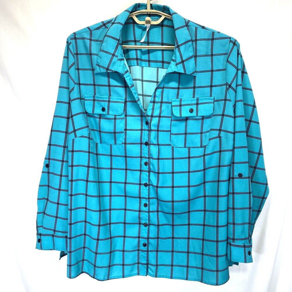 Ny Collection Womens 3X Blouse Stretch Button Up Roll Tab Long Sleeve Blue Plaid